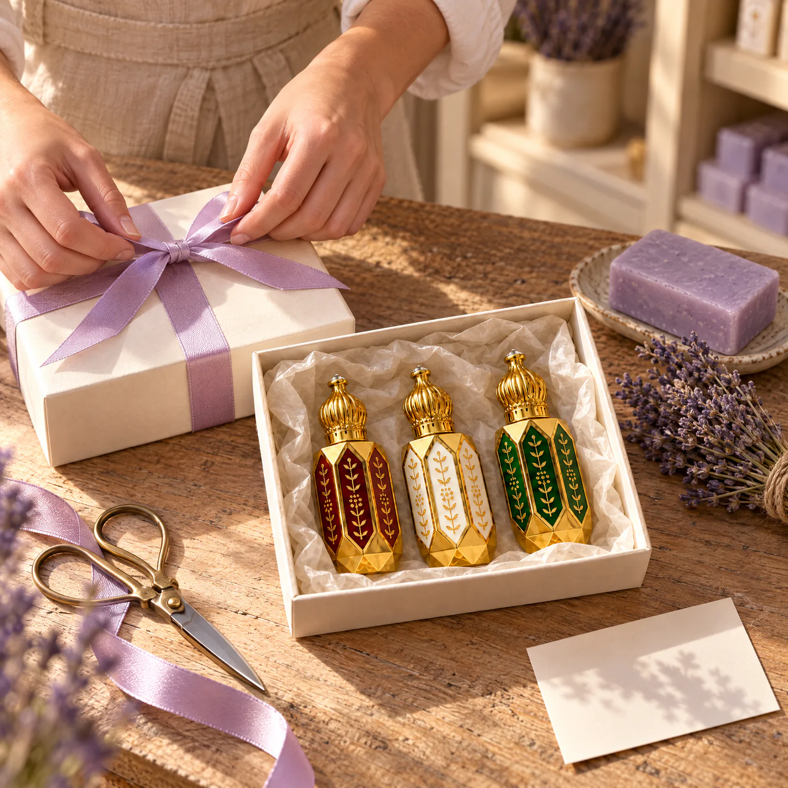 Mains qui nouent un ruban lilas autour d’un cadeau, à côté du Coffret Trois Muscs ouvert